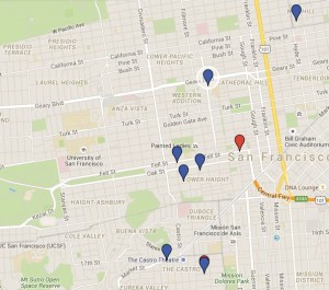 Various homes in San Francisco where Kathryn Anderson's family lived. The red indicates homes before Kathryn's birth. The blue ones indicate places where Kathryn lived with her family.