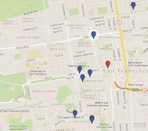 Various homes in San Francisco where Kathryn Anderson's family lived. The red indicates homes before Kathryn's birth. The blue ones indicate places where Kathryn lived with her family.